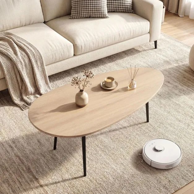 Mesa de centro oval, 108 x 56 x 44 cm em estilo Mid-Century com estrutura metálica para sofá, sala de estar Natural