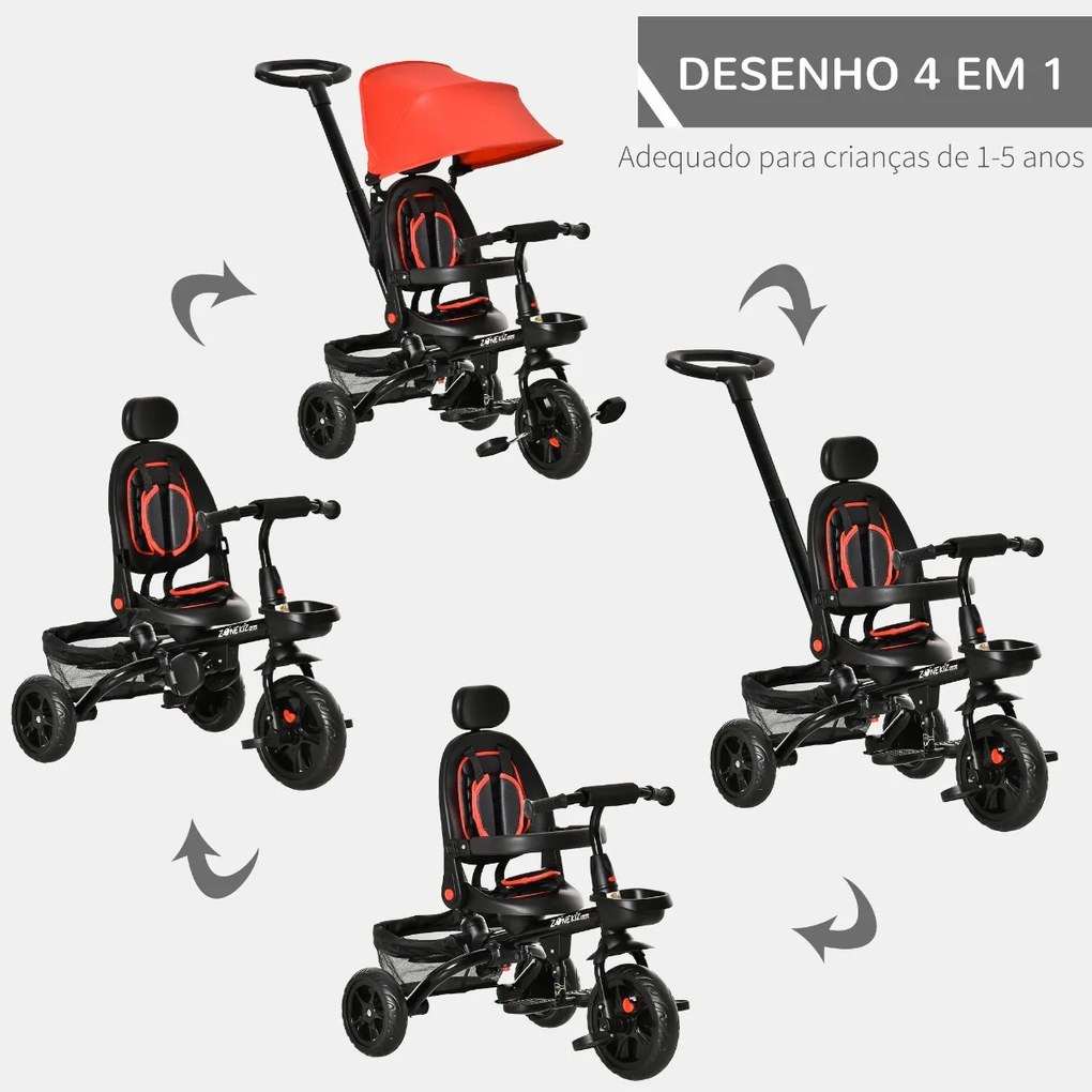 Triciclo Infantil 4 em 1 Bicicleta para Crianças 1-5 Anos com Assento Giratório Capô Ajustável Guidão de Empurre e Apoio para os Pés Dobrável 111,5x52