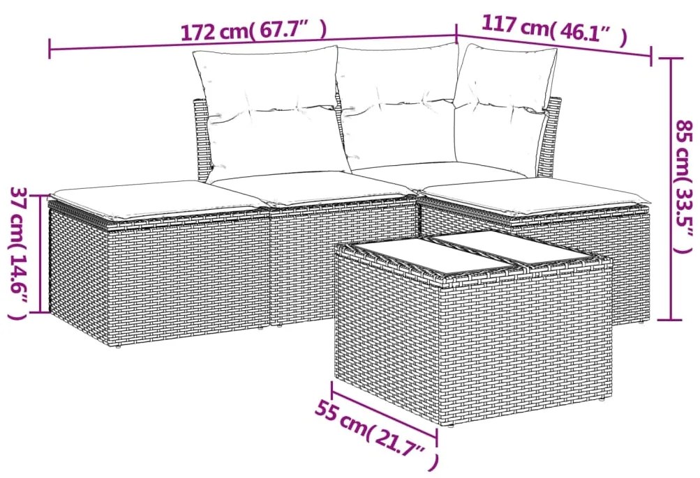 5 pcs conj. sofás jardim c/ almofadões vime PE cinzento-claro