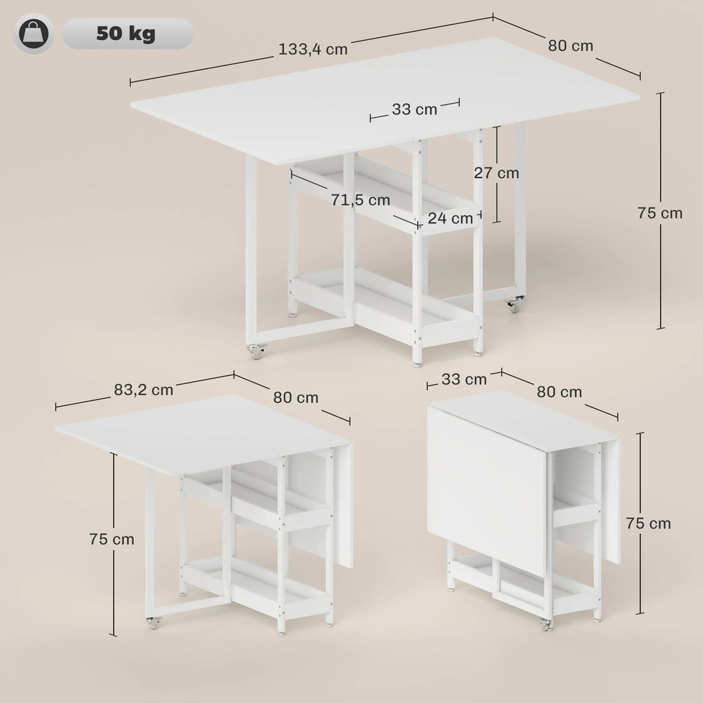 Mesa de jantar dobrável 133,4 L x 80 l x 75 A cm com rodas para 4 pessoas (CADEIRAS NÃO INCLUIDAS), com compartimentos abertos, ideal para espaços red