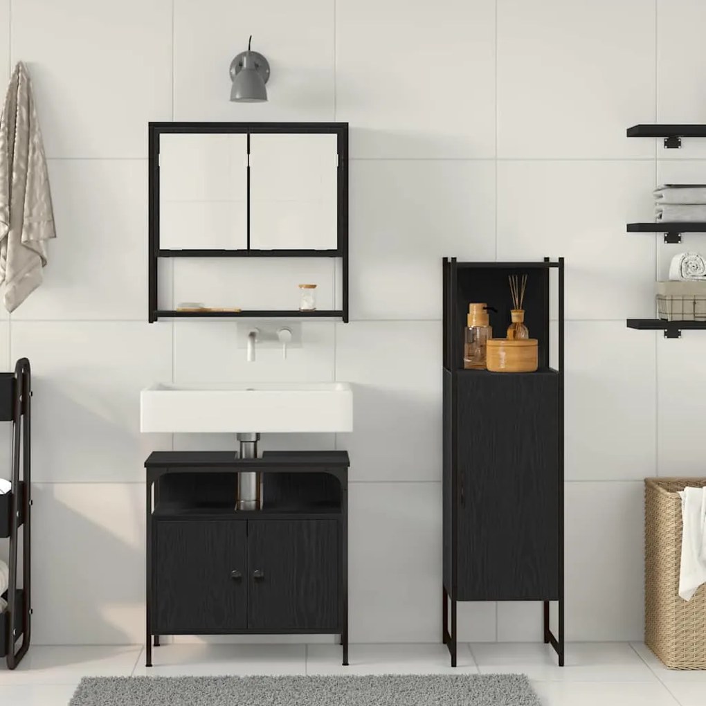 Conjunto de Móveis de Casa de Banho 3 Peças Carvalho Preto Madeira Eng