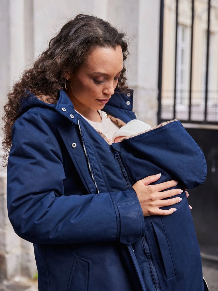 Parka evolutiva e porta-bebé forrado com pelo imitação leopardo ENVIE DE FRAISE, para gravidez marinho