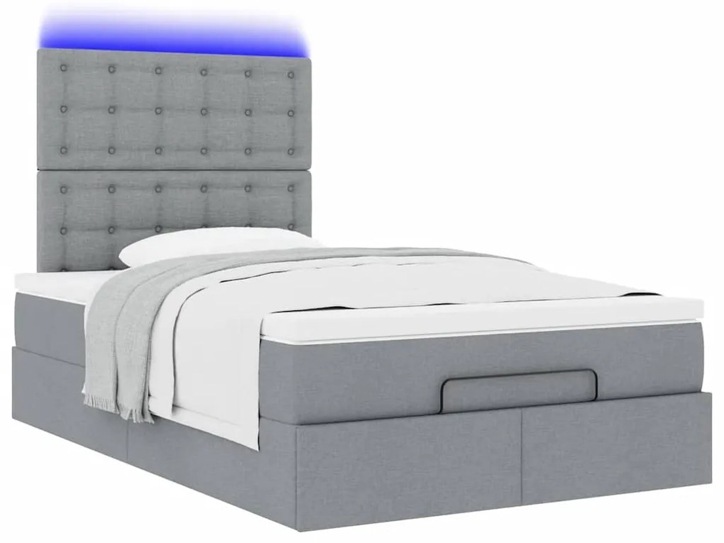 Estrutura de cama otomana com colchão cinza claro tecido