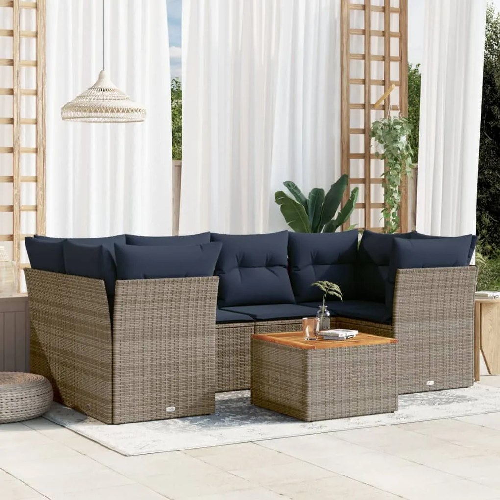 vidaXL 7 pcs conjunto sofás p/ jardim c/ almofadões vime PE cinzento