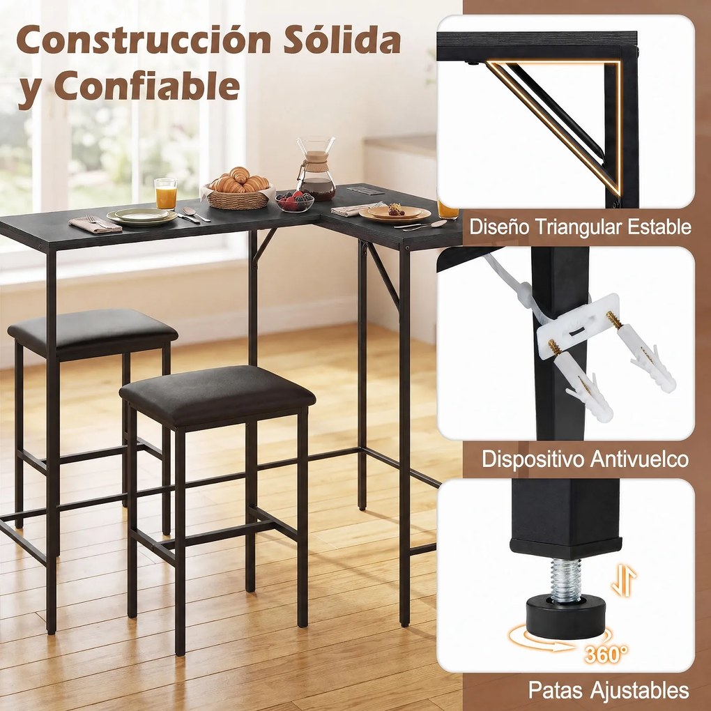 Conjunto de Mesa de Bar e 2 Cadeiras, 120 x 80 x 98 cm, Estação de Carregamento Integrada, Preto