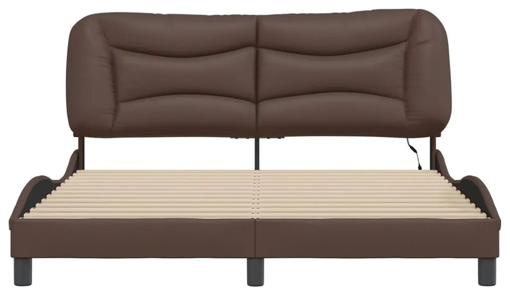 Estrutura cama c/ luzes LED 160x200cm couro artificial castanho
