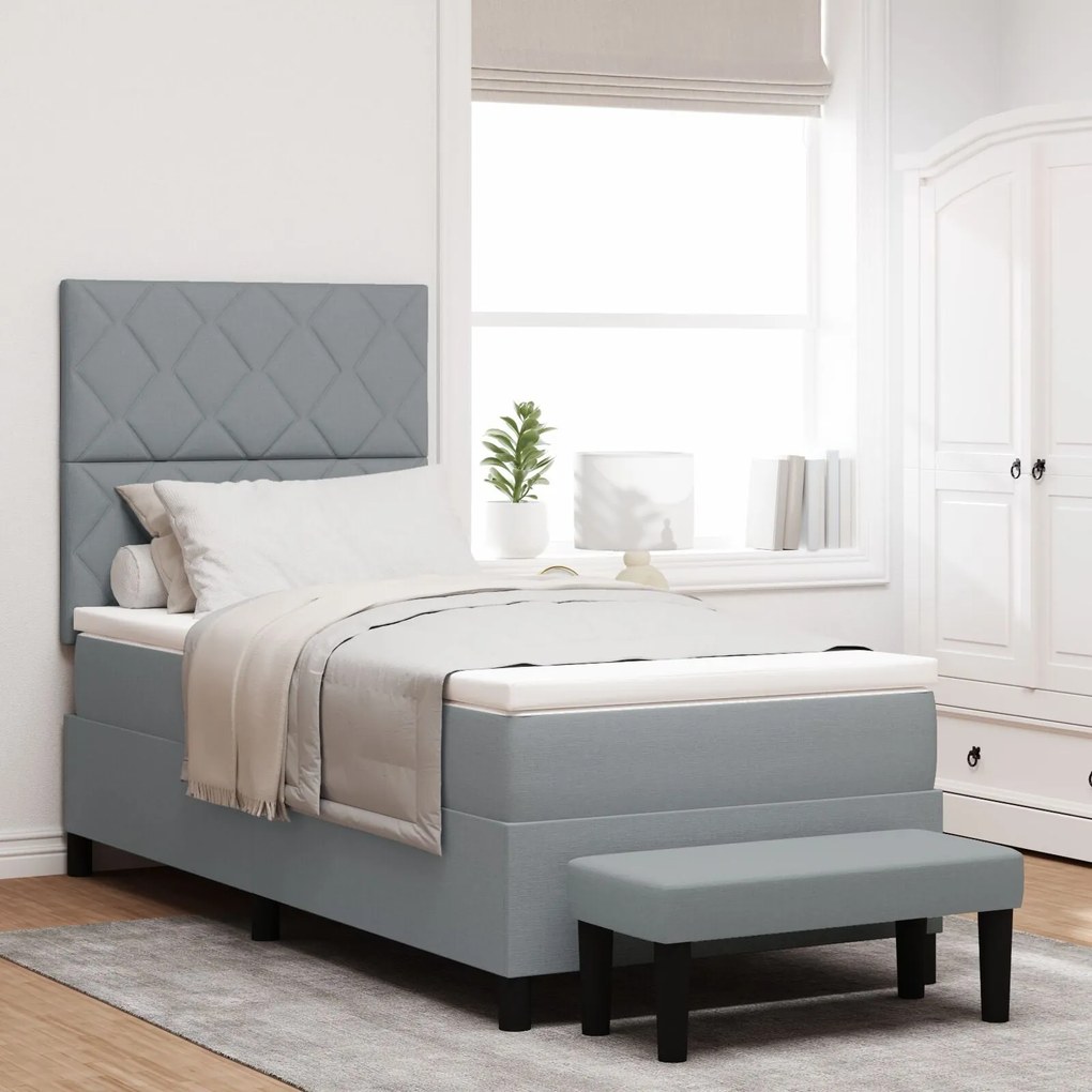 Cama Box com Colchão e Banco Cinza Claro 90x200 cm Tecido
