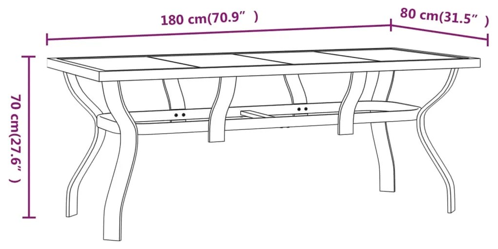 Mesa de jardim 180x80x70 cm aço e vidro cinza/preto