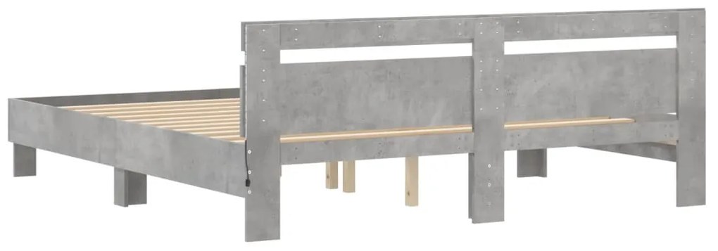 Estrutura cama cabeceira e luzes LED 200x200cm cinzento cimento