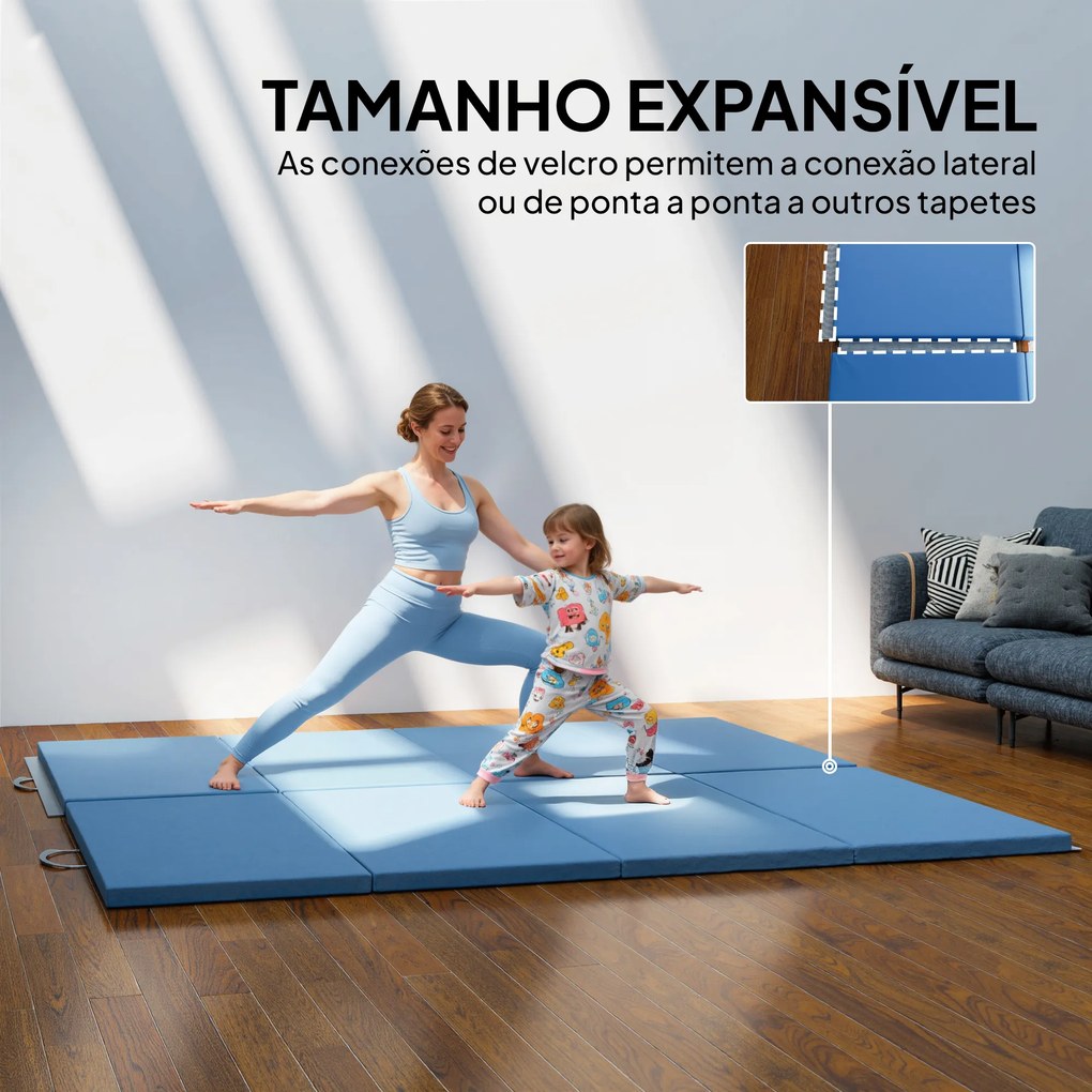 Colchão de Ginástica Dobrável com Espessura de 5 cm e Alças de Transporte para Yoga Aeróbica 240x120x5 cm Azul Claro