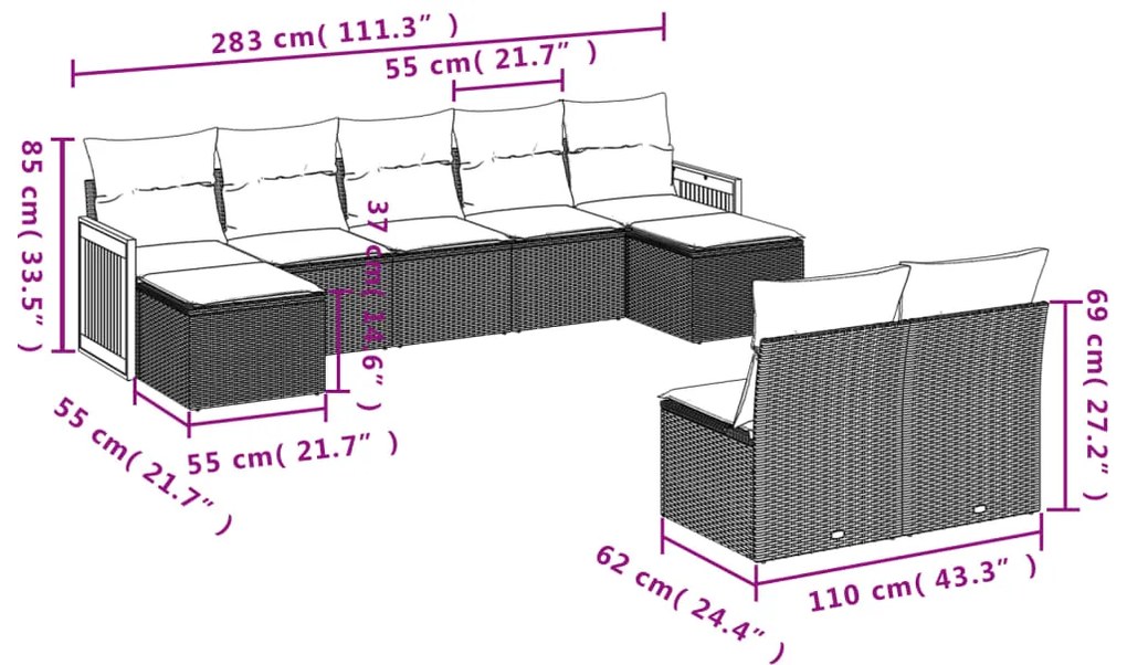 9 pcs conjunto sofás p/ jardim com almofadões vime PE cinzento