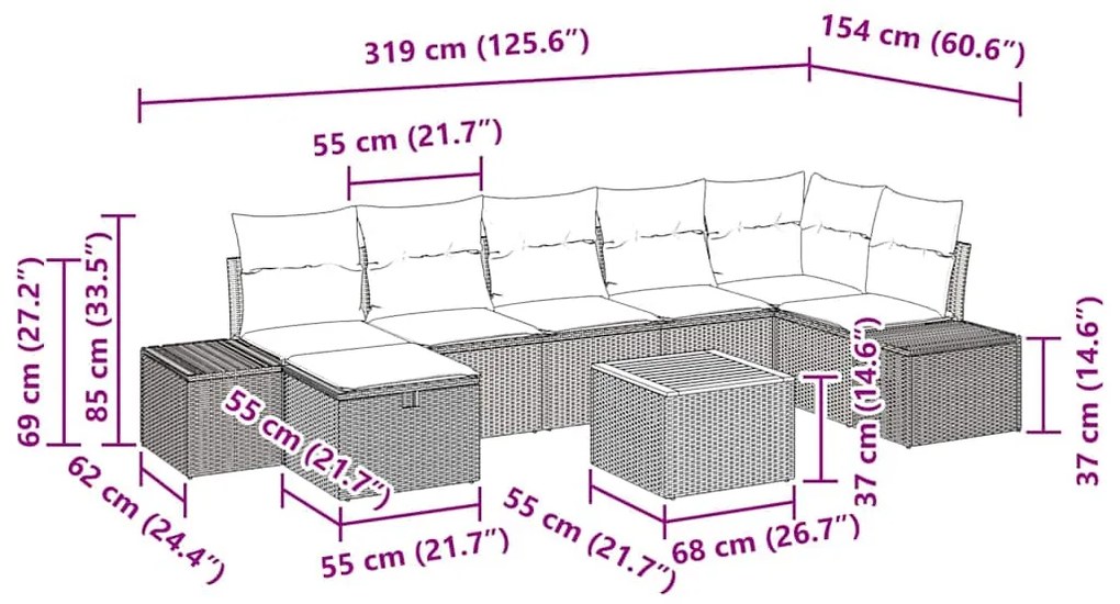 Conjunto de Sofá de Jardim de 8 peças com Almofadas Bege Rattan Poliva