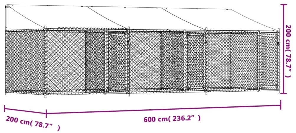 Jaula para cão com telhado/portas 6x2x2 m aço galvanizado cinza