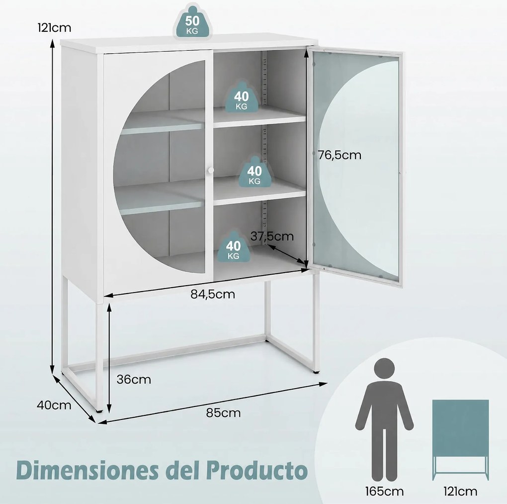 Aparador Expositor com Porta Redonda de Vidro, 85 x 40 x 121 cm, Prateleiras Ajustáveis, Branco