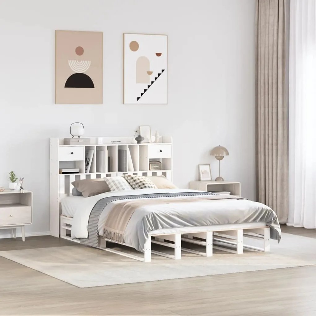 vidaXL Cama com estante sem colchão 140x200 cm pinho maciço branco