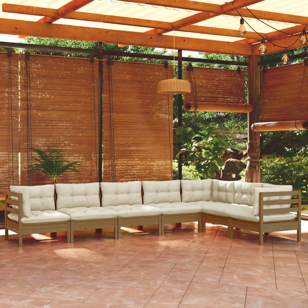 7pcs conj lounge jardim c/ almofadões pinho maciço castanho-mel