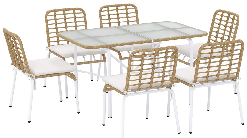 Outsunny Conjunto de Refeição de Vime Sintético Jogo de 7 Peças Inclui 6 Cadeiras Empilháveis com Almofadas e Mesa de Vidro Natural | Aosom Portugal