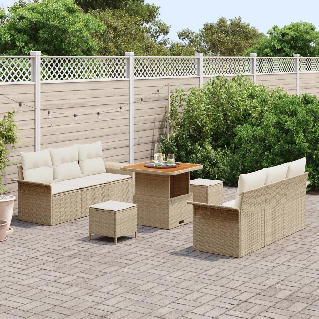 Conjunto de Sofás de Jardim com Almofadas vidaXL 9 Peças Bege Rattan A