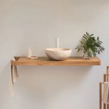 Conjunto De Móvel De Casa De Banho 130x45 Cm Suspenso Em Madeira De Teca Neill Madeira De Teca & Irregular Em Cimento Bege - Sklum