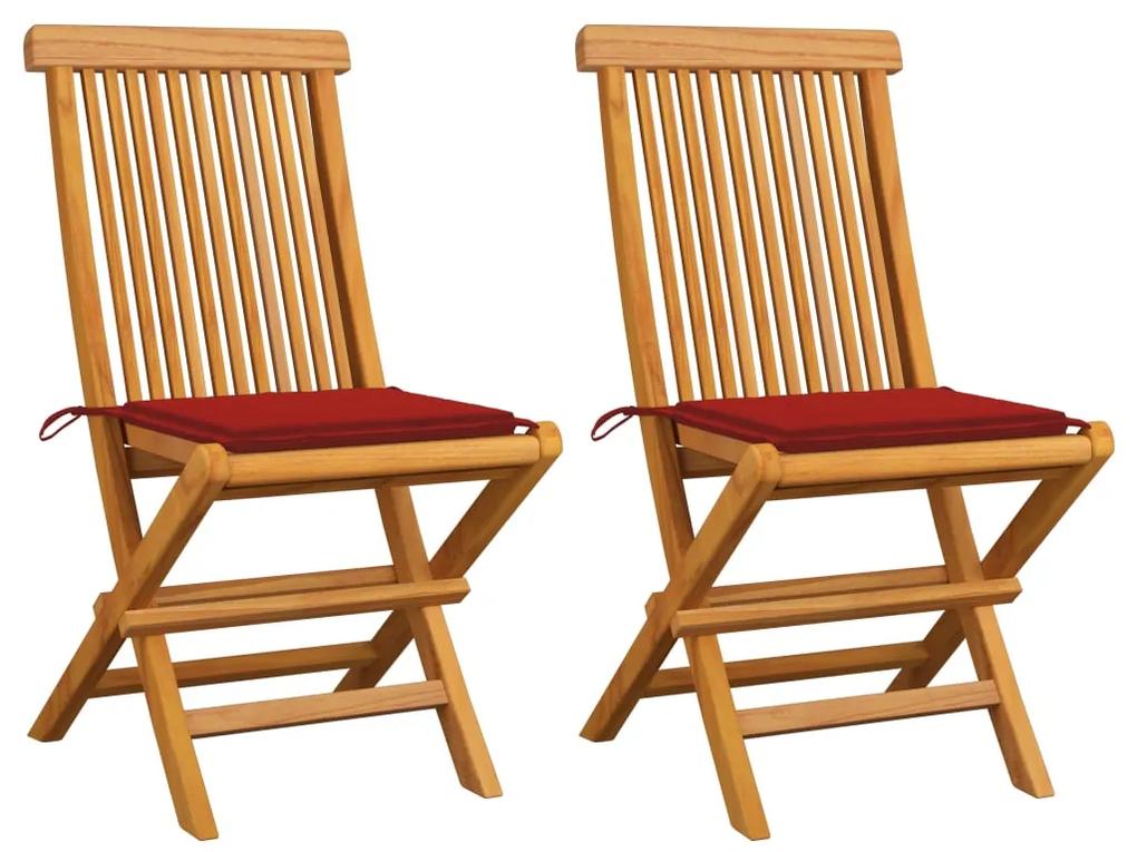 3062466 vidaXL Cadeiras de jardim c/ almofadões vermelhos 2 pcs teca maciça
