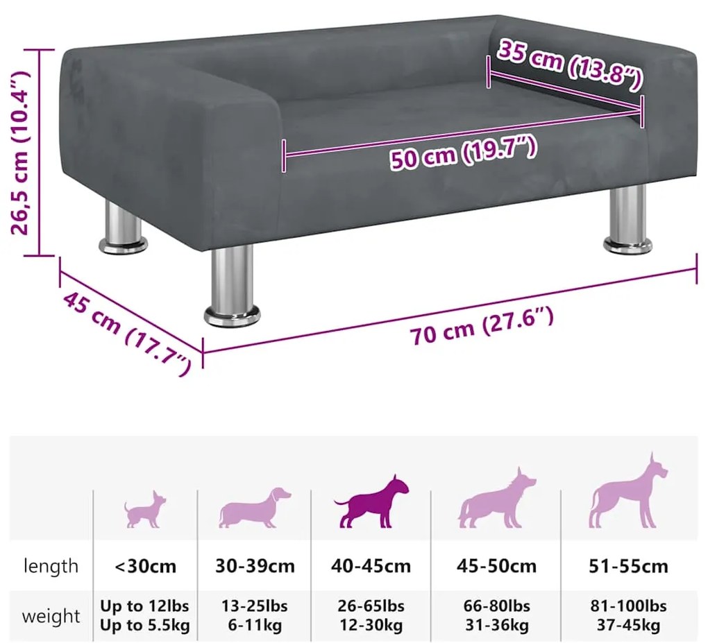 Cama para cães 70x45x26,5 cm veludo cinzento-escuro