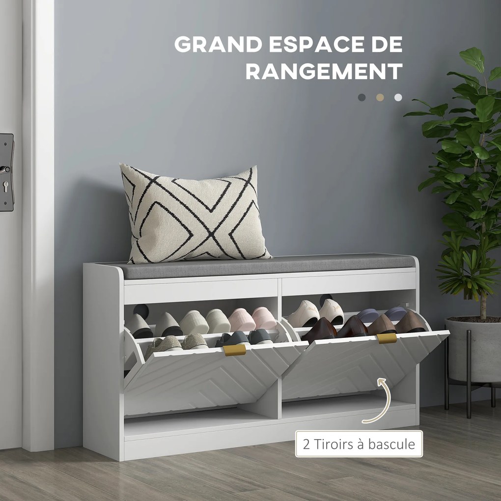 Banco para sapatos, banco com arrumação 106 x 24 x 52,5 cm, assento almofadado, gaveta rebatível, porta com padrão , branco
