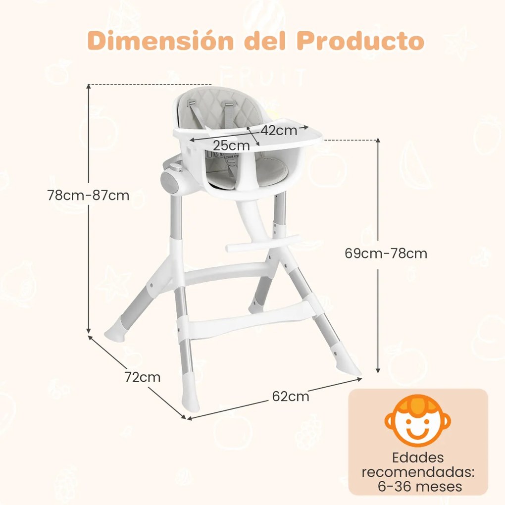 Cadeira Refeição bebés alta conversível 4 em 1 com altura ajustável em 5 posições Bandeja removível e lavável Almofada removível 62 x 72 x 87 cm Cinza