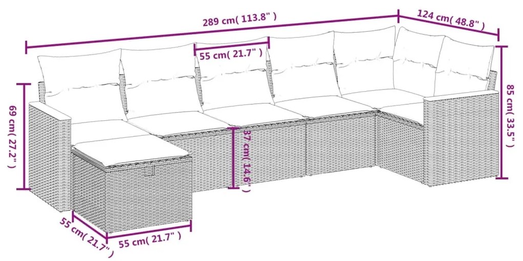 7 pcs conjunto de sofás p/ jardim com almofadões vime PE bege