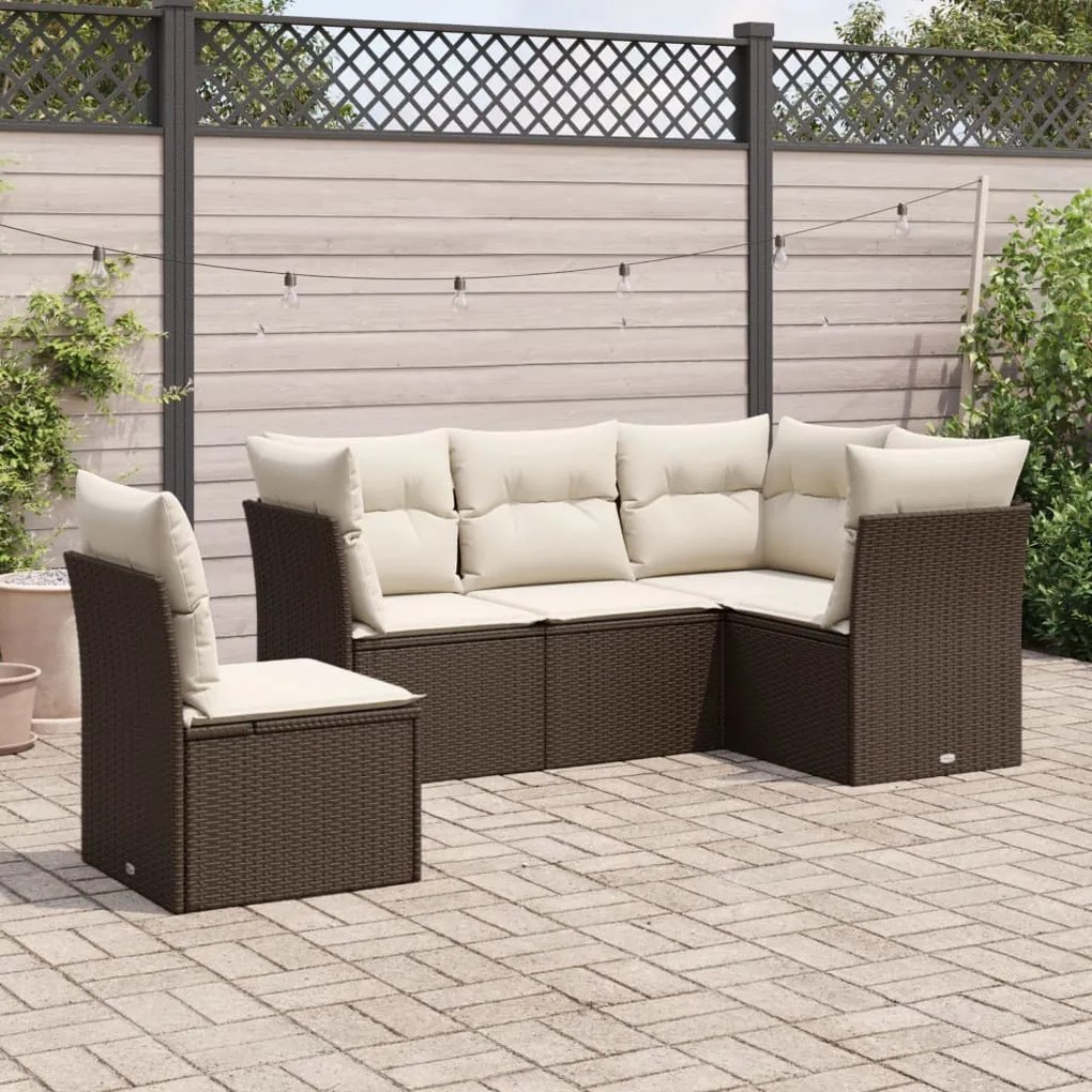 5 pcs conjunto sofás p/ jardim c/ almofadões vime PE castanho
