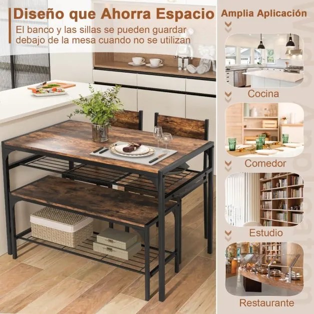Conjunto de mesa de 2 cadeiras e um banco de jantar com estrutura em metal e prateleira moderna, para sala de jantar e cozinha castanho