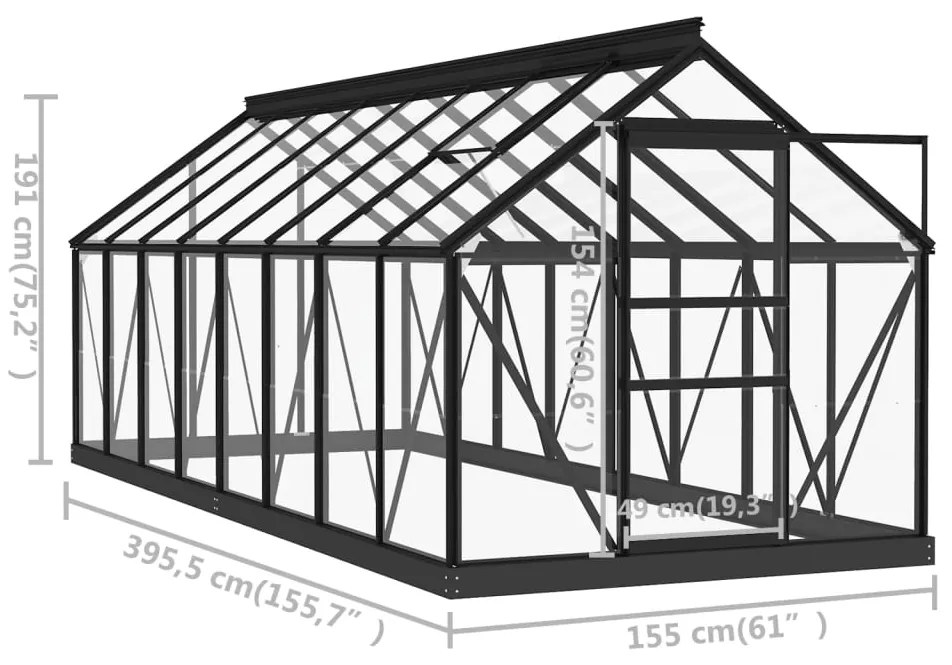 Estufa 155x395,5x191 cm alumínio e vidro antracite
