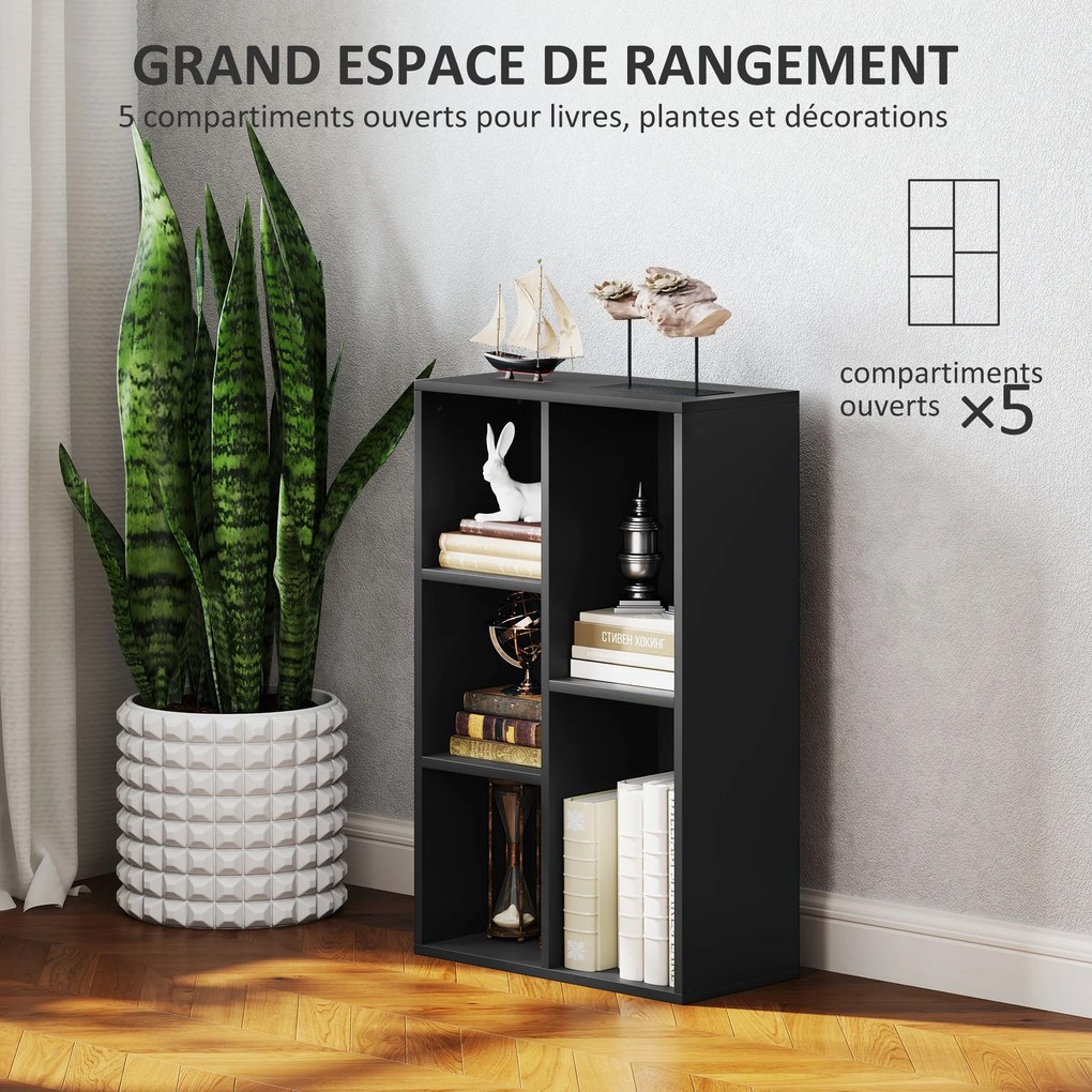 Estante com 5 compartimentos 50 x 24 x 80 cm, para sala de estar, quarto ou escritório, preta