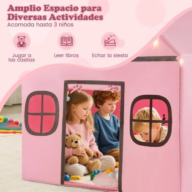 Casa de brincar para crianças para interior 120 x 101 x 143 cm, com luzes de estrelas e tapete acolchoado a partir dos 3 anos Rosa