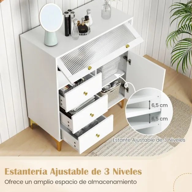 Cómoda de quarto moderna 80 x 40 x 95,5 cm com porta de vidro canelado rebatível e gavetas extraíveis Pernas metálicas branca