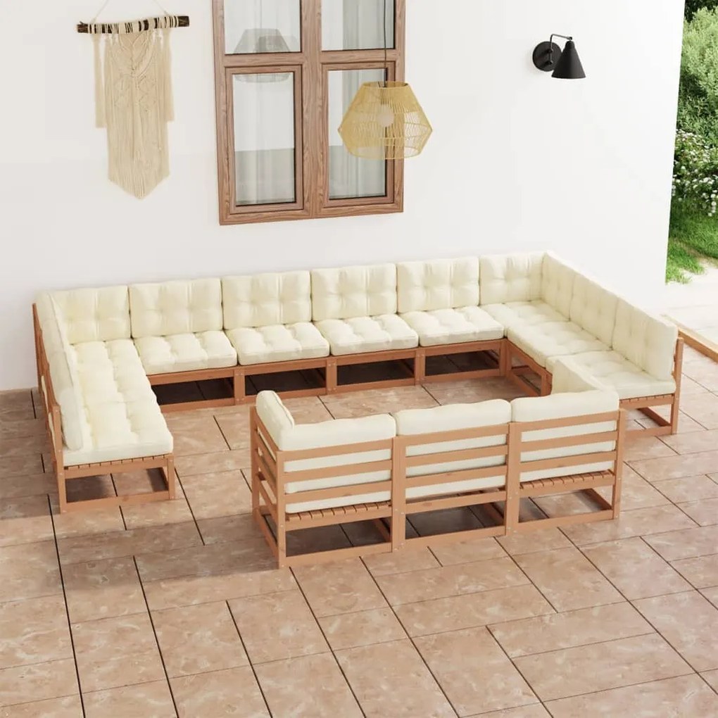 vidaXL 13 pcs conj. lounge jardim almofadões pinho maciço castanho mel
