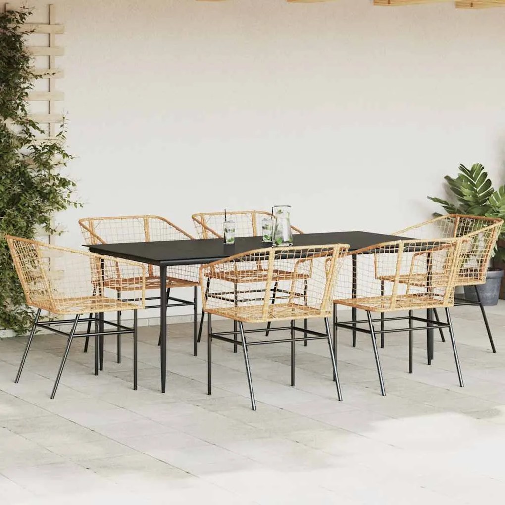 Conjunto jantar jardim 7 peças vidro vime PE castanho