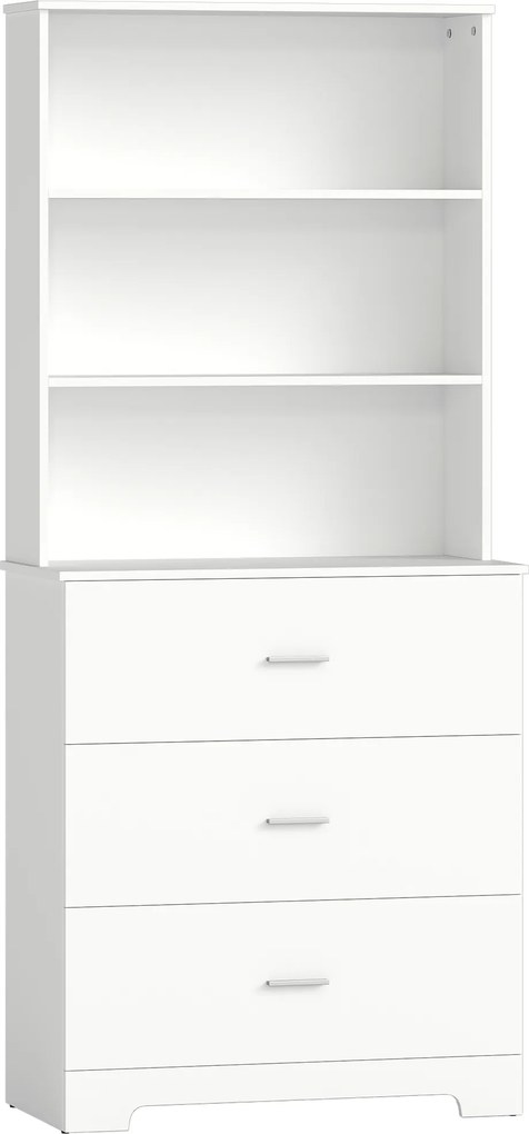 HOMCOM Estante alta vitrine com 3 gavetas, 3 prateleiras abertas, para sala e cozinha, 79x39,5x180 cm, Branco | Aosom Portugal