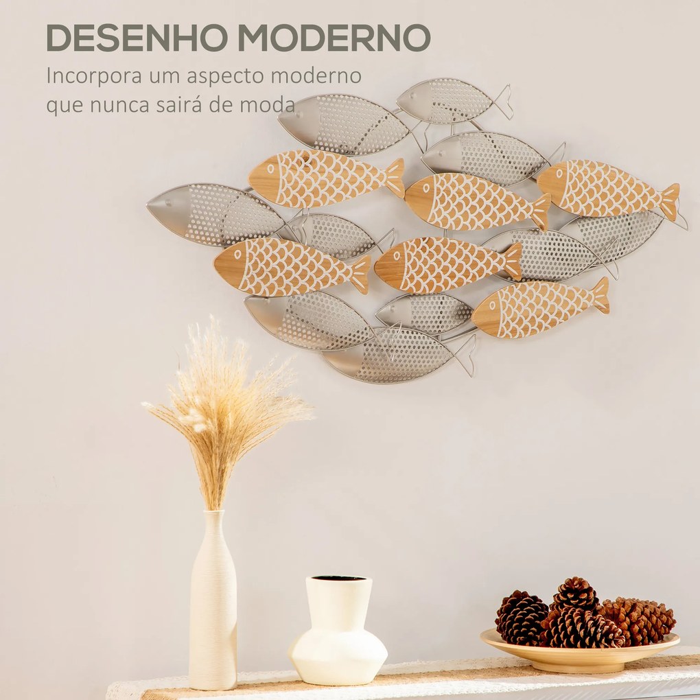 HOMCOM Decoração de Parede de Metal e Madeira 3D de Peixes 100x47cm Arte de Parede Metálica para Sala de Estar Dormitório Escritório Prata e Madeira