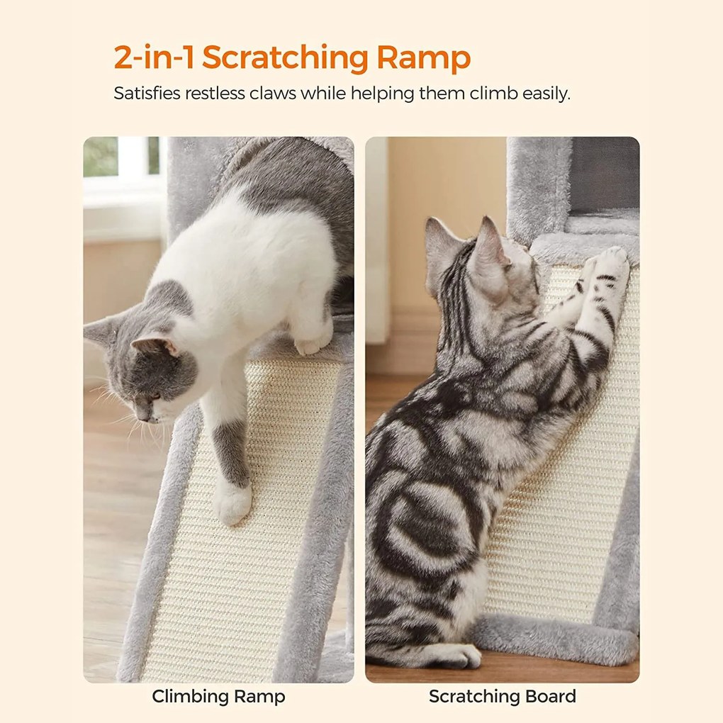 Arranhador para gatos com vários níveis, árvore para gatos com caverna 42 x 32 x 118 cm cinza claro