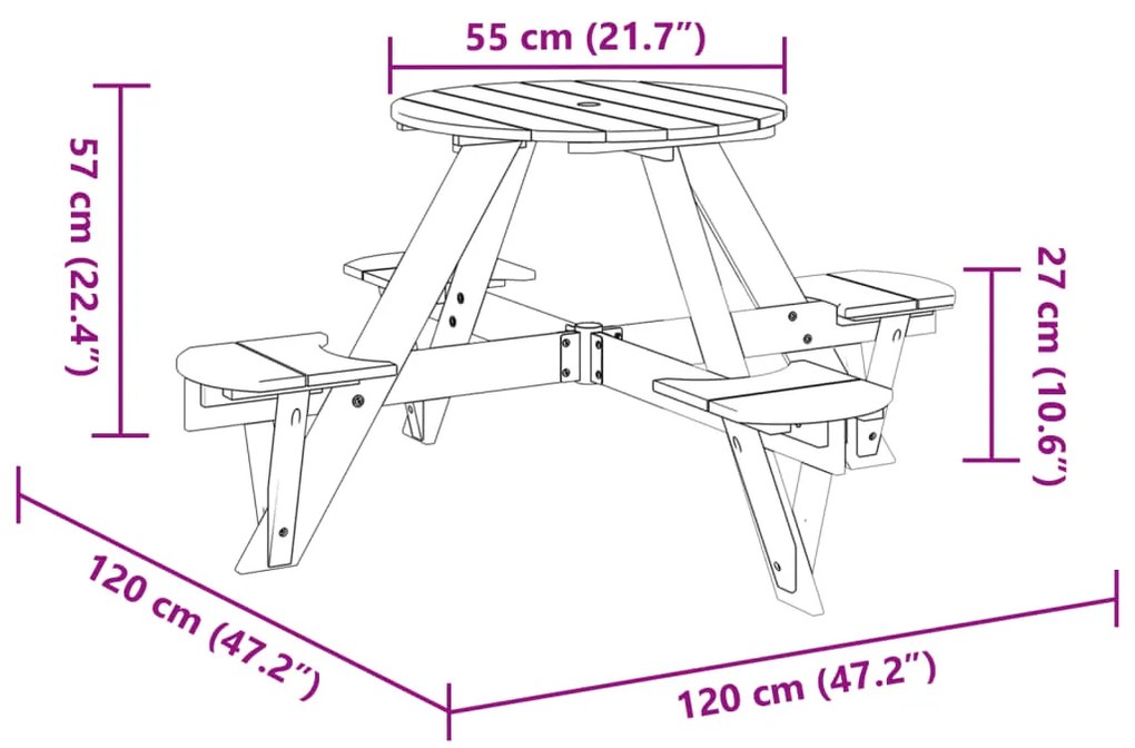 Mesa piquenique redonda p/ 4 crianças madeira de abeto maciça