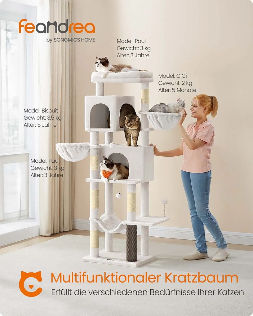 Arranhador para gatos com 175 cm de altura, 2 cavernas e 2 cavidades para descansar, branco creme