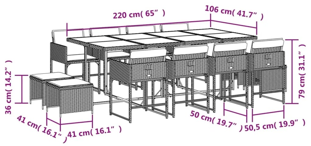 13 pcs conjunto jantar p/ jardim c/ almofadões vime PE castanho