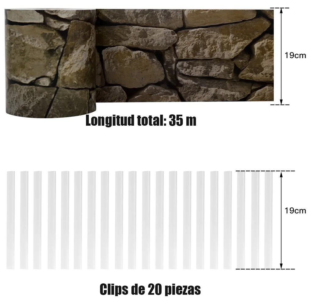 Revestimento para Cerca 3,4 kg de PVC 35 m x 19 cm com 20 Clips para Ruído, Vento e Folha de Protecção de Privacidade Pedra