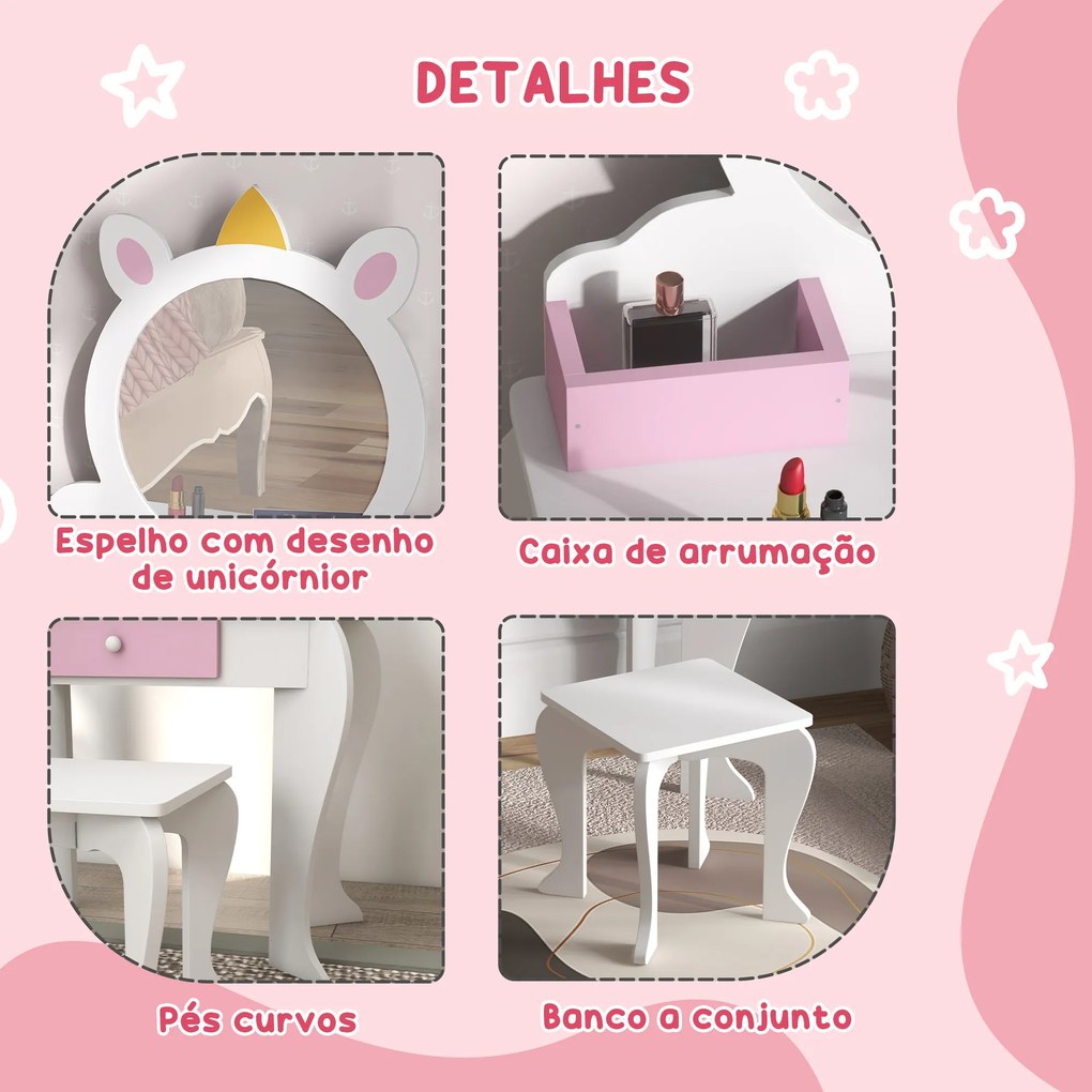 Toucador Infantil com Banco e Espelho Toucador de Maquilhagem com Gaveta Compartimentos Desenho de Unicórnio Branco