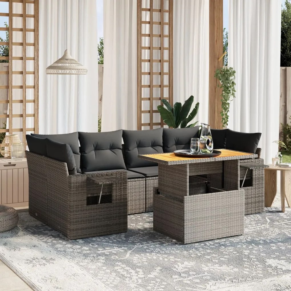 7 pcs conjunto sofás p/ jardim c/ almofadões vime PE cinzento