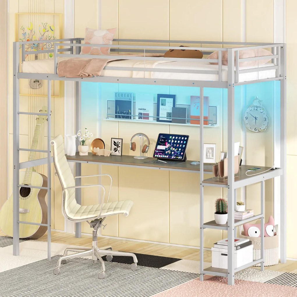 Cama alta 200 x 90 cm com secretária para crianças com estação de carregamento LED  de metal com corrimão e escada prata