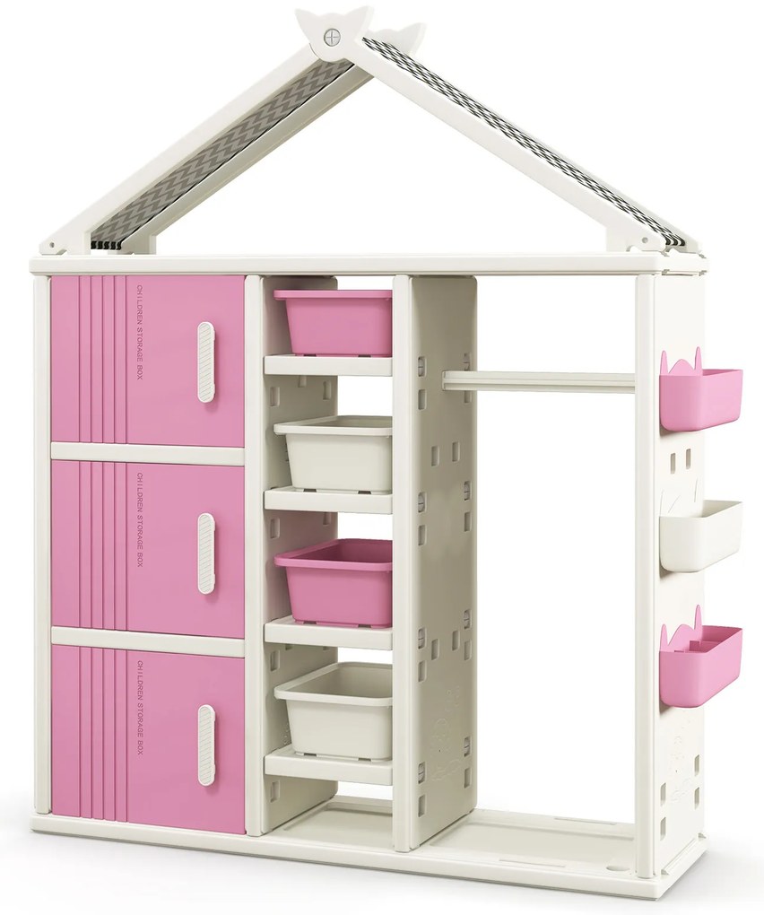 Armário de armazenamento de fantasias infantis com caixas de armazenamento, prateleiras e cestos laterais para quarto infantil - branco
