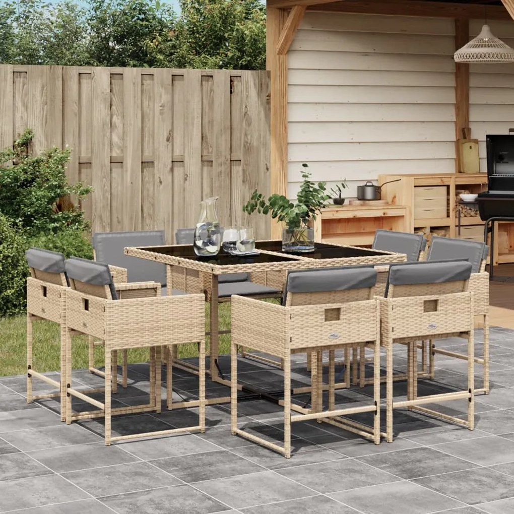 vidaXL 9 pcs conj. jantar jardim c/ almofadões vime PE bege misturado