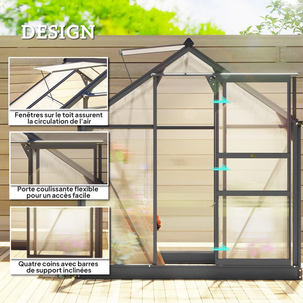 Estufa de jardim em policarbonato, 3,65 m², 190 x 192 x 201 cm, resistente aos raios UV, base reforçada, calha, cinzenta