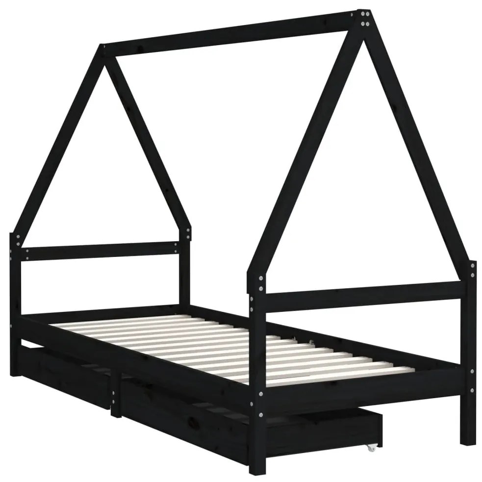 Estrutura cama infantil c/ gavetas 90x190 cm pinho maciço preto